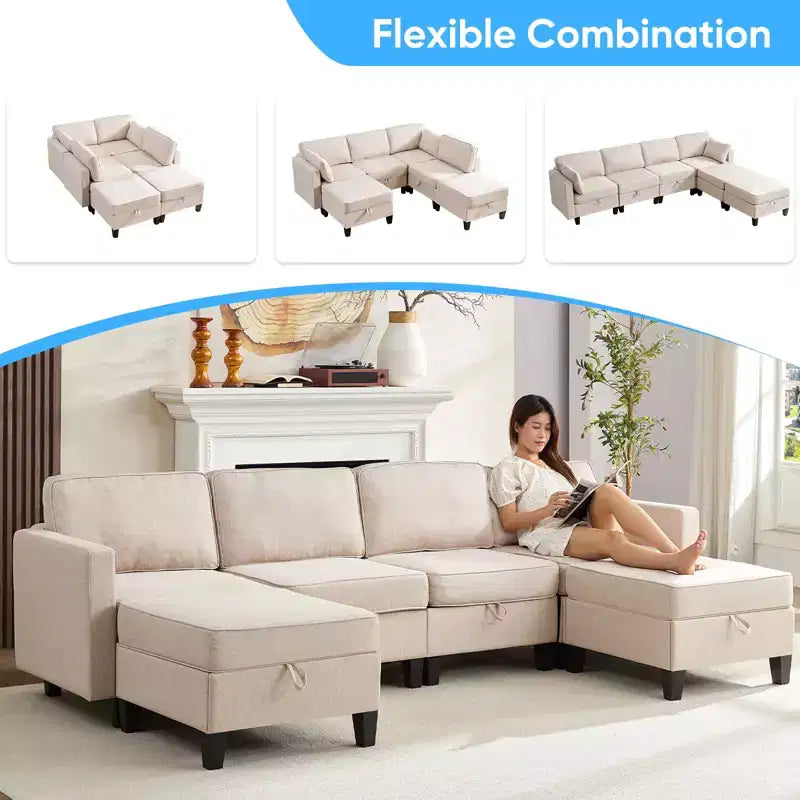 Mjkone Divano modulare a 4 posti combinabile e flessibile con pouf, Divano letto trasformabile in lino con spazio contenitore