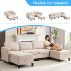 Mjkone Divano modulare a 4 posti combinabile e flessibile con pouf, Divano letto trasformabile in lino con spazio contenitore