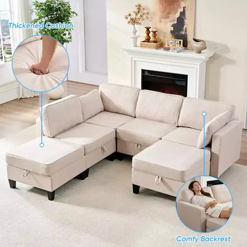 Mjkone Divano modulare a 4 posti combinabile e flessibile con pouf, Divano letto trasformabile in lino con spazio contenitore