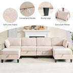 Mjkone Divano modulare a 4 posti combinabile e flessibile con pouf, Divano letto trasformabile in lino con spazio contenitore