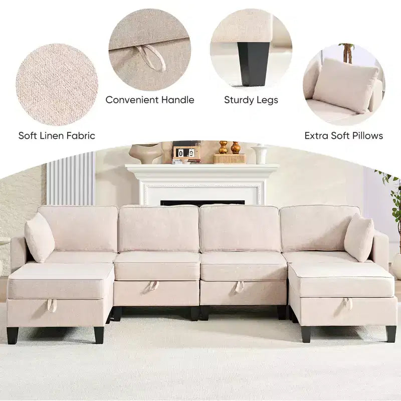 Mjkone Divano modulare a 4 posti combinabile e flessibile con pouf, Divano letto trasformabile in lino con spazio contenitore