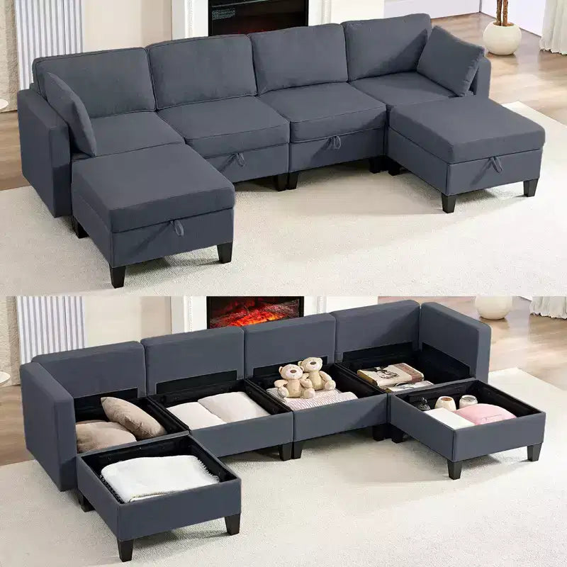 Mjkone Divano modulare a 4 posti combinabile e flessibile con pouf, Divano letto trasformabile in lino con spazio contenitore