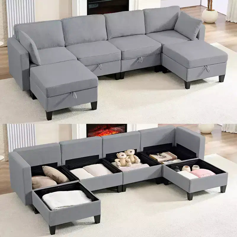 Mjkone Divano modulare a 4 posti combinabile e flessibile con pouf, Divano letto trasformabile in lino con spazio contenitore