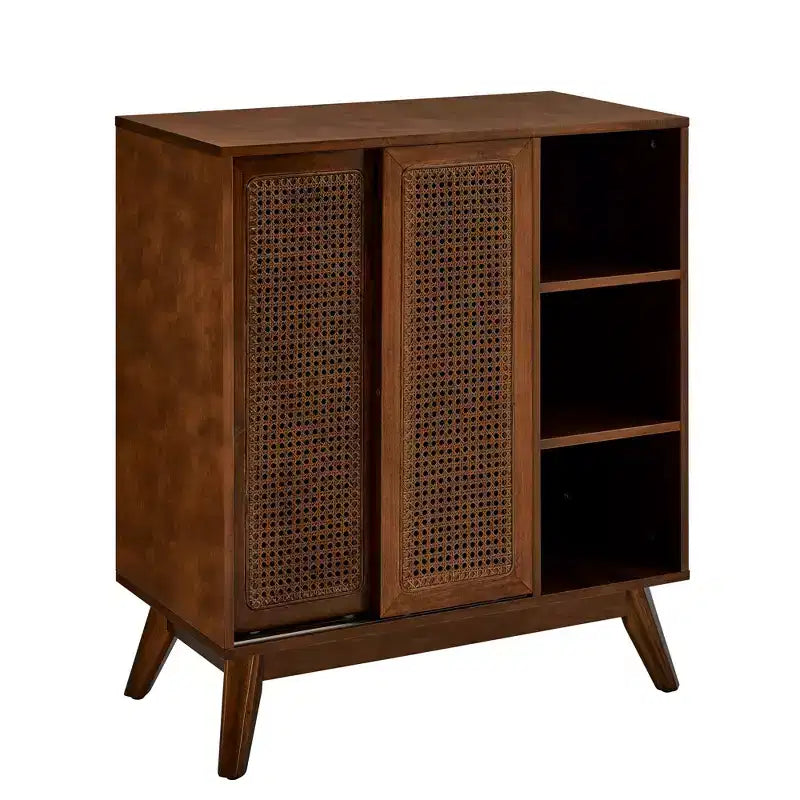 Madia Moderna Mid-Century in Rattan con Ripiani Regolabili e Gambe in Legno Massello, Buffet per Ingresso, Soggiorno, Cucina