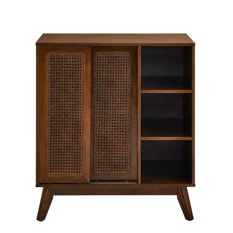 Madia Moderna Mid-Century in Rattan con Ripiani Regolabili e Gambe in Legno Massello, Buffet per Ingresso, Soggiorno, Cucina