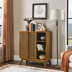 Madia Moderna Mid-Century in Rattan con Ripiani Regolabili e Gambe in Legno Massello, Buffet per Ingresso, Soggiorno, Cucina