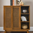 Madia Moderna Mid-Century in Rattan con Ripiani Regolabili e Gambe in Legno Massello, Buffet per Ingresso, Soggiorno, Cucina