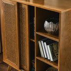 Madia Moderna Mid-Century in Rattan con Ripiani Regolabili e Gambe in Legno Massello, Buffet per Ingresso, Soggiorno, Cucina