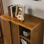 Madia Moderna Mid-Century in Rattan con Ripiani Regolabili e Gambe in Legno Massello, Buffet per Ingresso, Soggiorno, Cucina