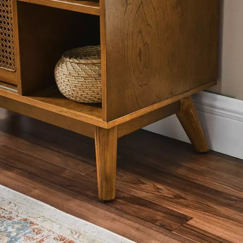 Madia Moderna Mid-Century in Rattan con Ripiani Regolabili e Gambe in Legno Massello, Buffet per Ingresso, Soggiorno, Cucina