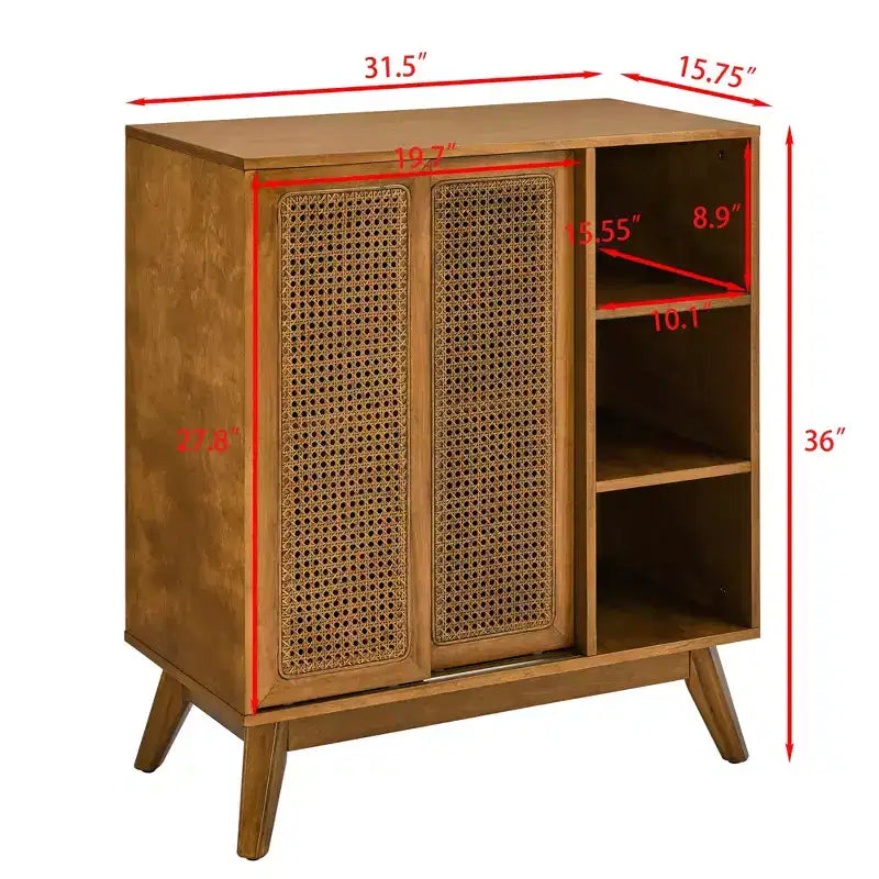 Madia Moderna Mid-Century in Rattan con Ripiani Regolabili e Gambe in Legno Massello, Buffet per Ingresso, Soggiorno, Cucina