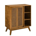Madia Moderna Mid-Century in Rattan con Ripiani Regolabili e Gambe in Legno Massello, Buffet per Ingresso, Soggiorno, Cucina