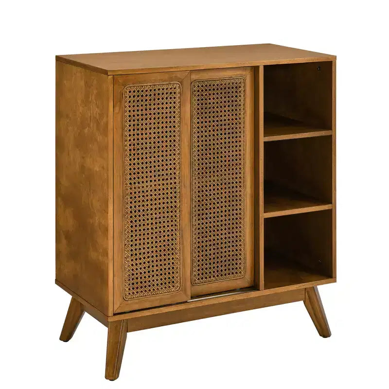 Madia Moderna Mid-Century in Rattan con Ripiani Regolabili e Gambe in Legno Massello, Buffet per Ingresso, Soggiorno, Cucina