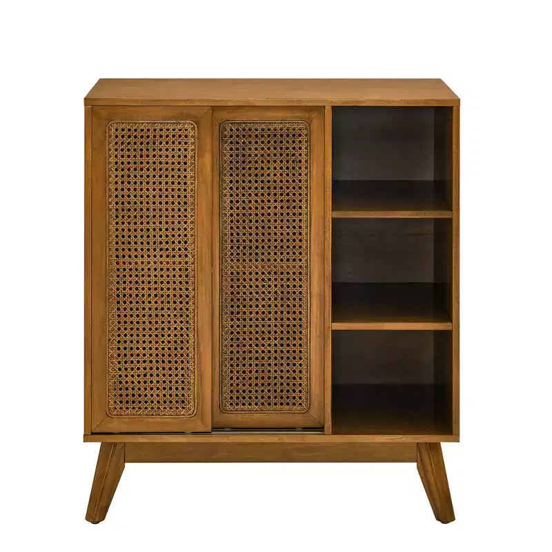 Madia Moderna Mid-Century in Rattan con Ripiani Regolabili e Gambe in Legno Massello, Buffet per Ingresso, Soggiorno, Cucina