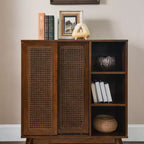Madia Moderna Mid-Century in Rattan con Ripiani Regolabili e Gambe in Legno Massello, Buffet per Ingresso, Soggiorno, Cucina
