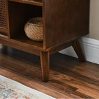 Madia Moderna Mid-Century in Rattan con Ripiani Regolabili e Gambe in Legno Massello, Buffet per Ingresso, Soggiorno, Cucina