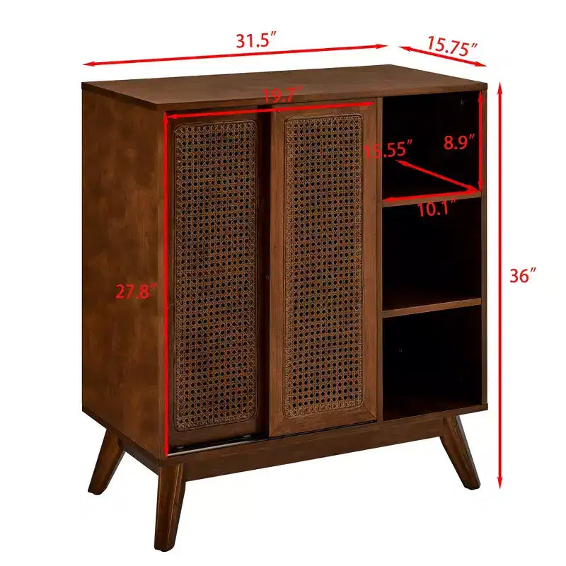 Madia Moderna Mid-Century in Rattan con Ripiani Regolabili e Gambe in Legno Massello, Buffet per Ingresso, Soggiorno, Cucina