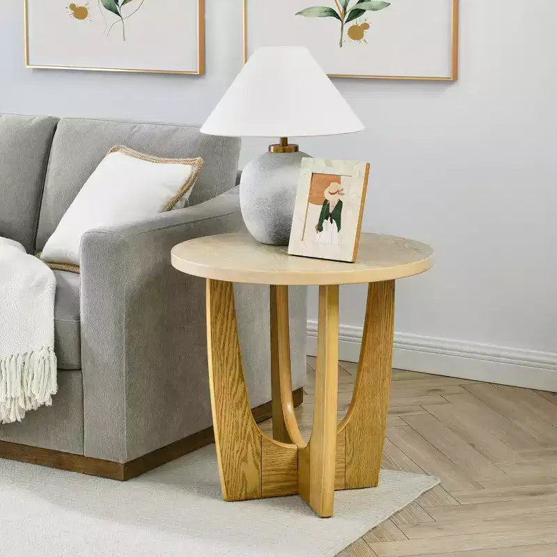 Tavolino Rotondo da 25 Pollici con Gambe Incrociate, Tavolino Laterale in Legno di Metà Secolo Moderno per Soggiorno, Reception o Camera da Letto