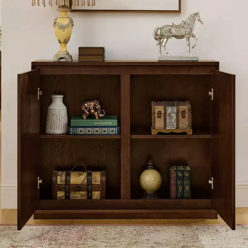 Mobile contenitore a V stile Mid-Century Modern, credenza a buffet stretta con fori per cavi, ante a coste e base in legno massello per soggiorno