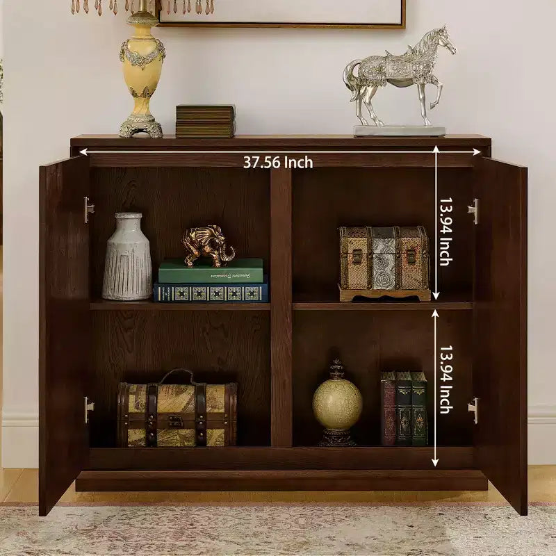 Mobile contenitore a V stile Mid-Century Modern, credenza a buffet stretta con fori per cavi, ante a coste e base in legno massello per soggiorno