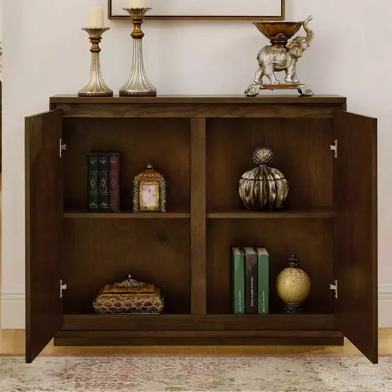Mobile contenitore a V stile Mid-Century Modern, credenza a buffet stretta con fori per cavi, ante a coste e base in legno massello per soggiorno