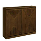 Mobile contenitore a V stile Mid-Century Modern, credenza a buffet stretta con fori per cavi, ante a coste e base in legno massello per soggiorno