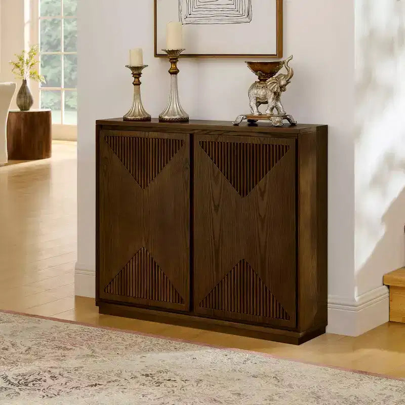 Mid-Century Modern V-Shape Storage Cabinet, Narrow Buffet Sideboard with Outlet Holes, Fluted Doors & Solid Wood Base for Living Room