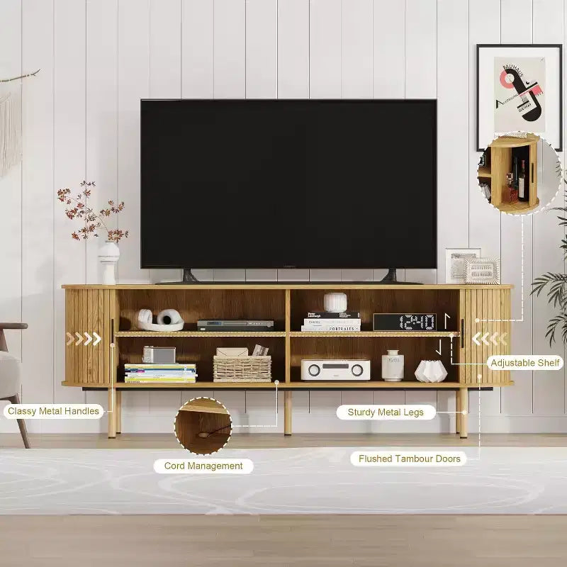 Mobile TV da 178 cm con Ante Scorrevoli e Vano Contenitore, per TV fino a 80 Pollici, Console Multimediale in Legno, Mobile Intrattenimento Moderno per Soggiorno