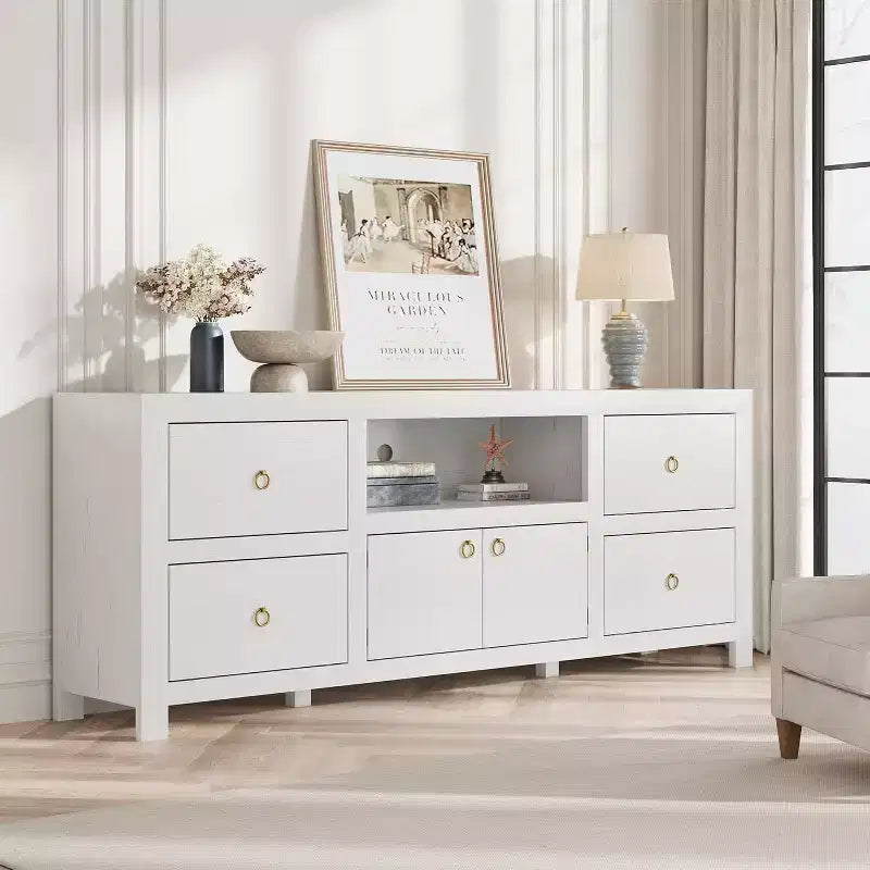 Farmhouse TV Stand for 75/80 Inch TVs with 6 Storage Drawers, Entertainment Center with Soundbar Shelf, White Television Consoles Stands