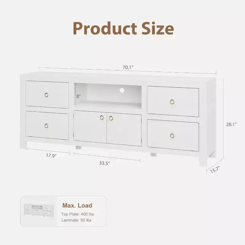Mobile TV stile rustico per TV da 75/80 pollici con 6 cassetti, centro di intrattenimento con mensola per soundbar, supporti per console TV bianchi