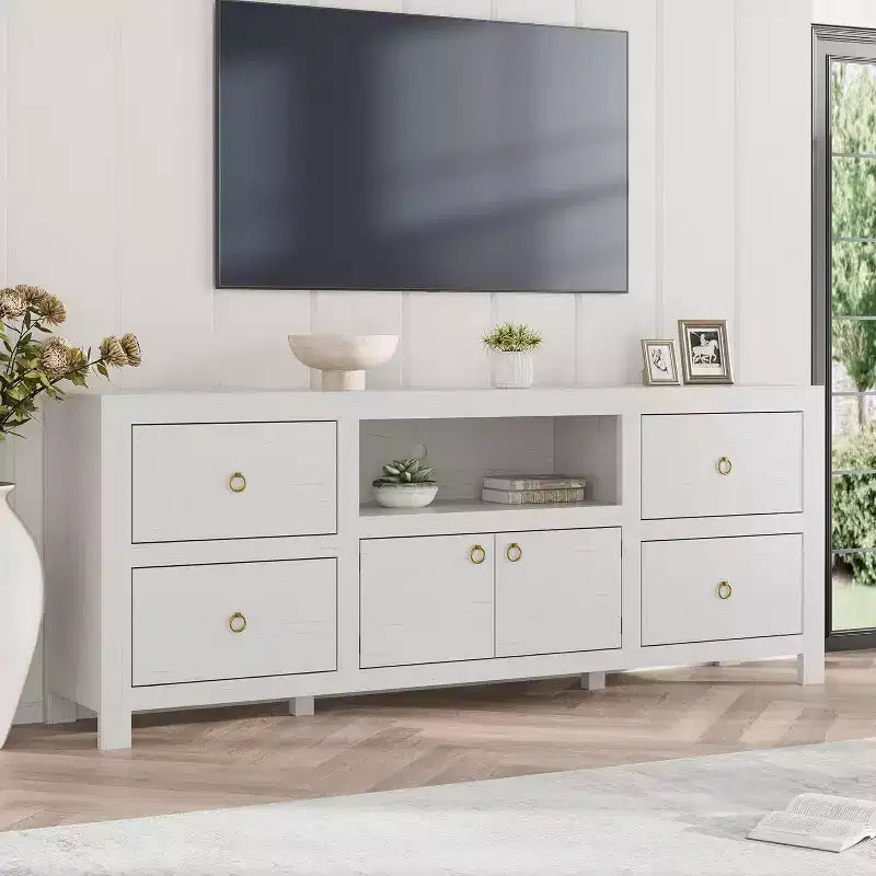 Mobile TV stile rustico per TV da 75/80 pollici con 6 cassetti, centro di intrattenimento con mensola per soundbar, supporti per console TV bianchi