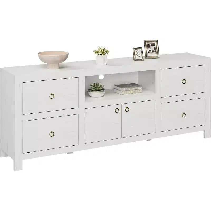 Mobile TV stile rustico per TV da 75/80 pollici con 6 cassetti, centro di intrattenimento con mensola per soundbar, supporti per console TV bianchi
