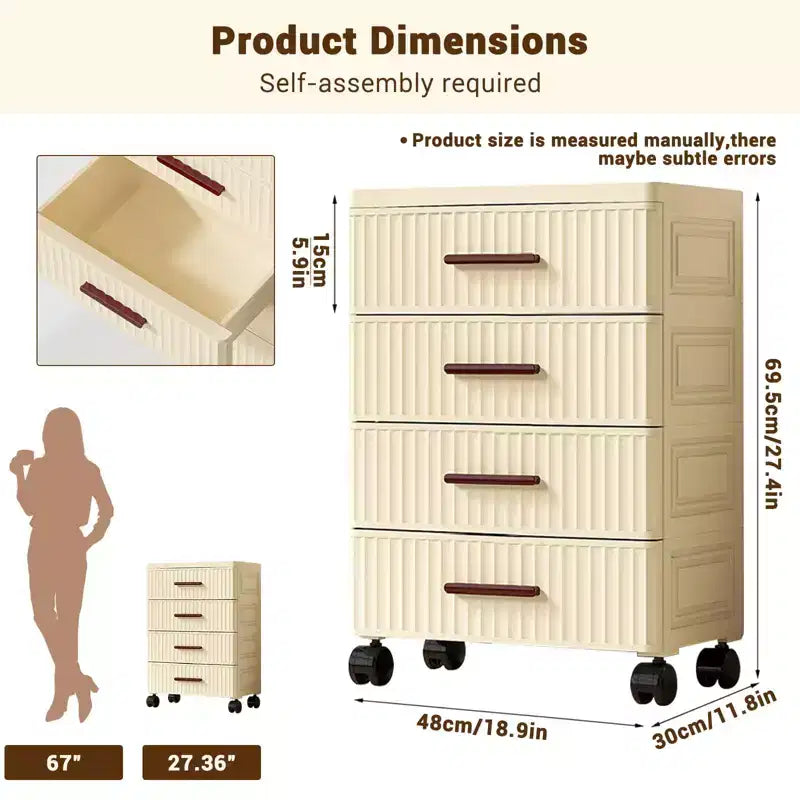 Comò multifunzione a 4-5 cassetti, mobile contenitore color crema per snack, giocattoli per bambini, libri, vestiti, comodino, soggiorno