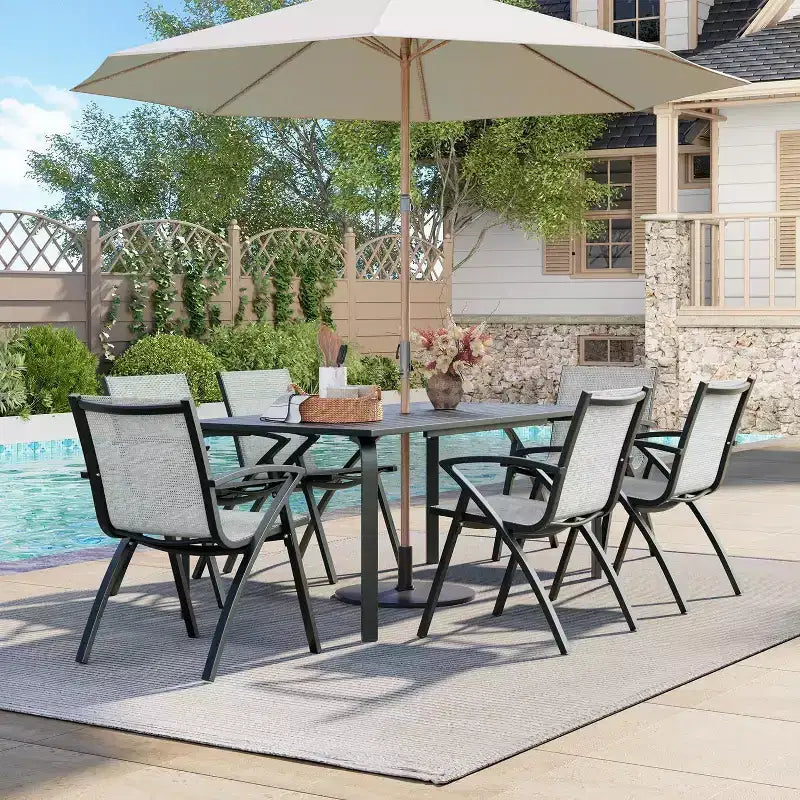 Set da pranzo Acekool da 7 pezzi per 6 persone, set da tavolo e sedie da esterno in alluminio, tavolo rettangolare con foro per ombrellone, 6 sedie impilabili