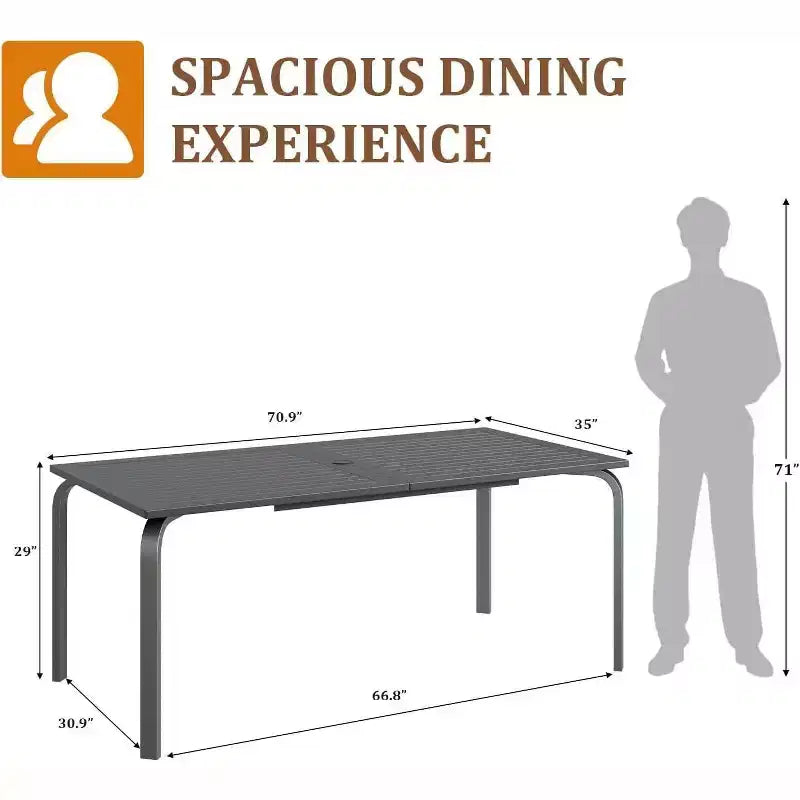 Set da pranzo Acekool da 7 pezzi per 6 persone, set da tavolo e sedie da esterno in alluminio, tavolo rettangolare con foro per ombrellone, 6 sedie impilabili