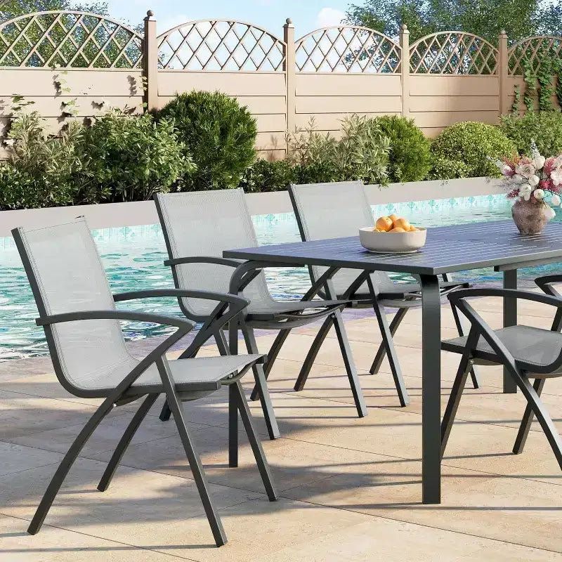 Set da pranzo Acekool da 7 pezzi per 6 persone, set da tavolo e sedie da esterno in alluminio, tavolo rettangolare con foro per ombrellone, 6 sedie impilabili