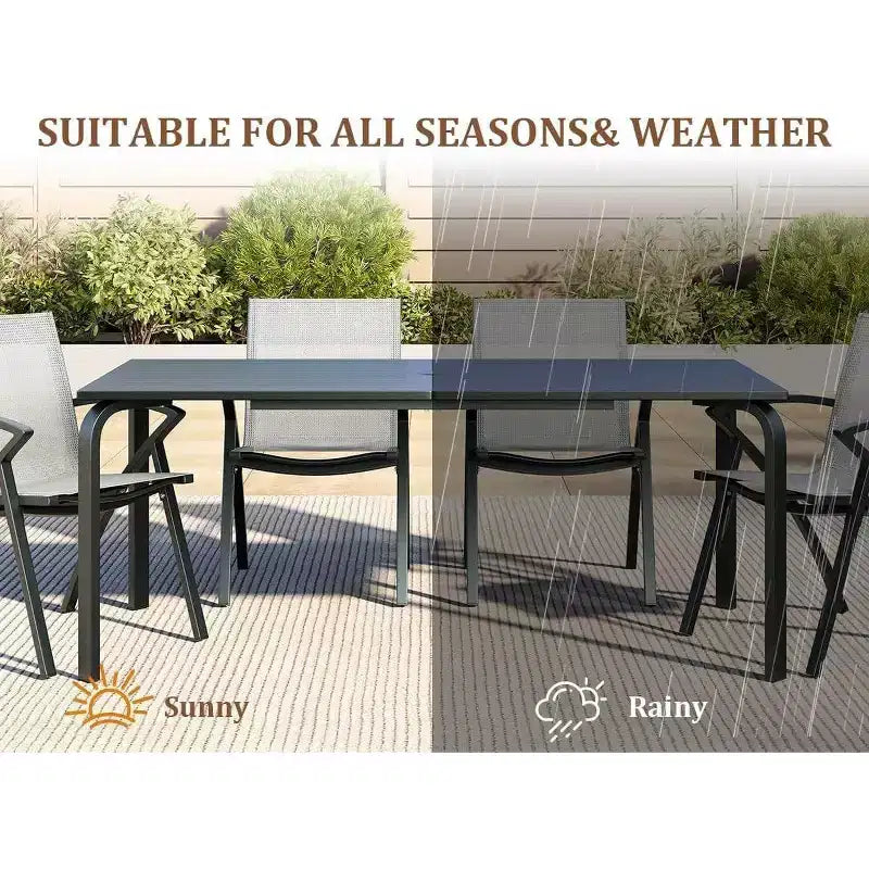 Set da pranzo Acekool da 7 pezzi per 6 persone, set da tavolo e sedie da esterno in alluminio, tavolo rettangolare con foro per ombrellone, 6 sedie impilabili
