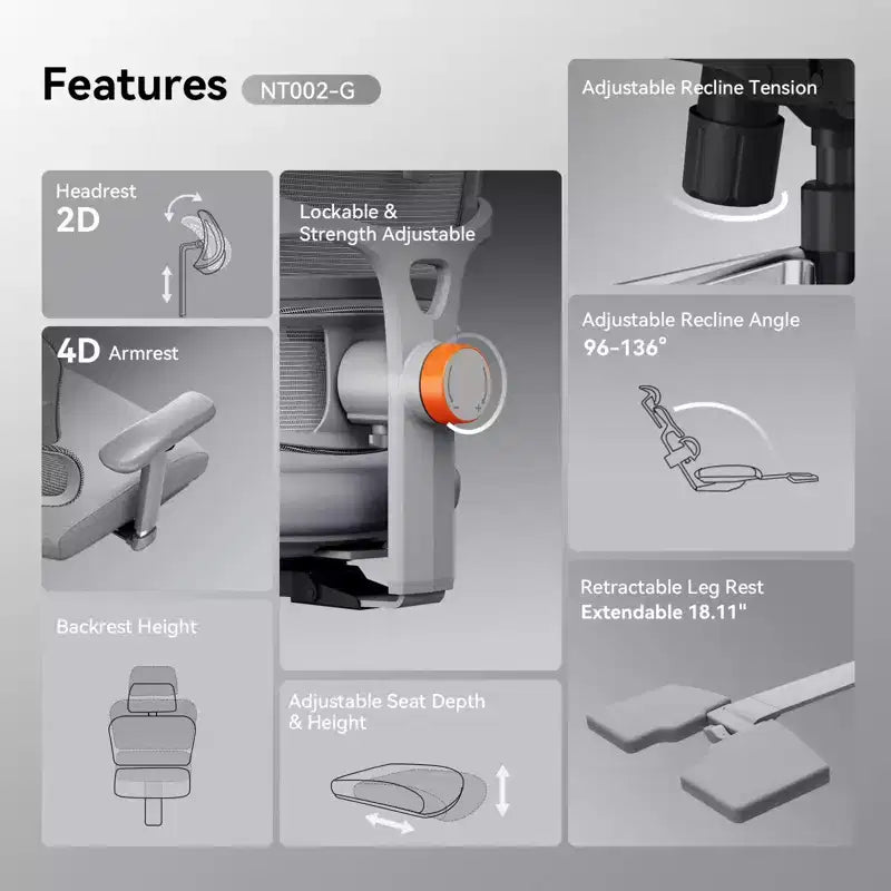 Sedia da ufficio ergonomica Newtral con poggiapiedi - Sedia reclinabile con braccioli 4D - NT002+LAPD-GRAY
