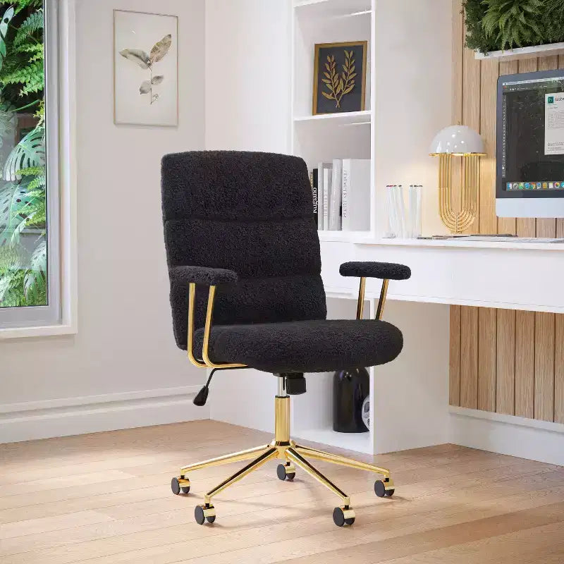 Sedia da Ufficio Okak Moderna in Pile con Struttura Dorata, Sedia Comoda Girevole a 360° con Altezza Regolabile e Ruote, Sedia da Scrivania per Studio, Sala di Lettura