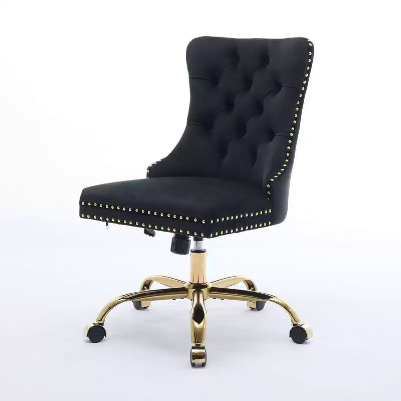 Sedia da ufficio moderna Okak, sedia da scrivania imbottita con base in metallo dorato e bottoni decorativi, sedia comoda regolabile in altezza per ufficio, casa
