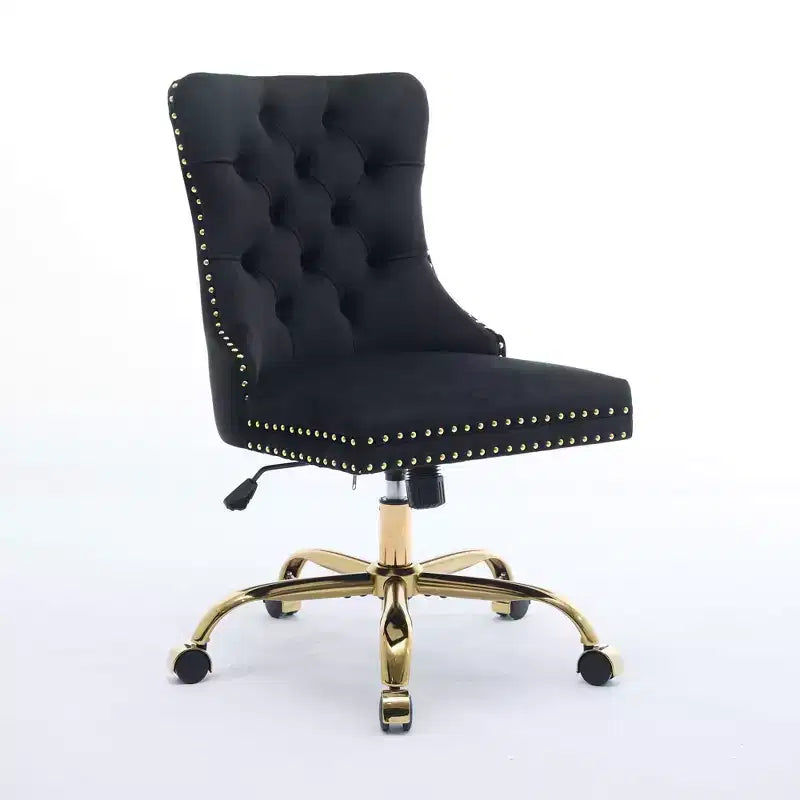 Sedia da ufficio moderna Okak, sedia da scrivania imbottita con base in metallo dorato e bottoni decorativi, sedia comoda regolabile in altezza per ufficio, casa