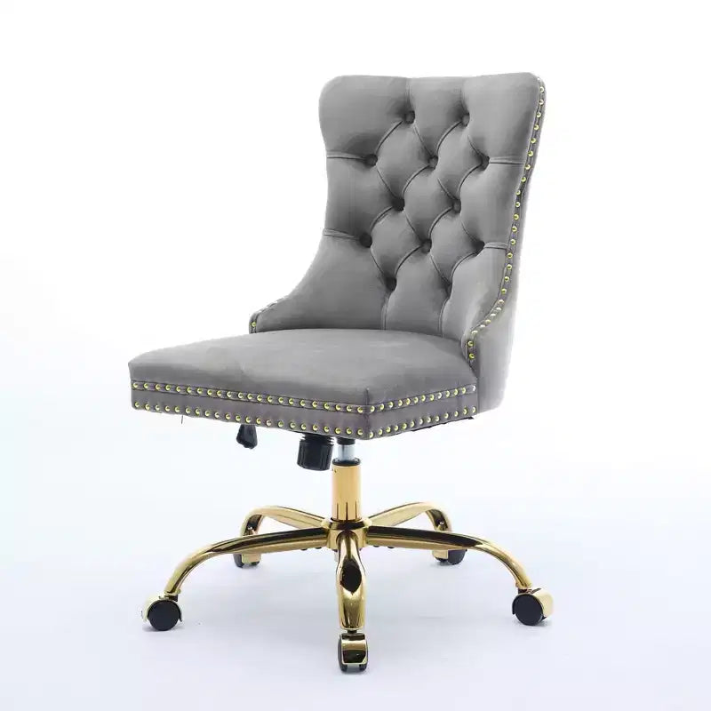 Sedia da ufficio moderna Okak, sedia da scrivania imbottita con base in metallo dorato e bottoni decorativi, sedia comoda regolabile in altezza per ufficio, casa
