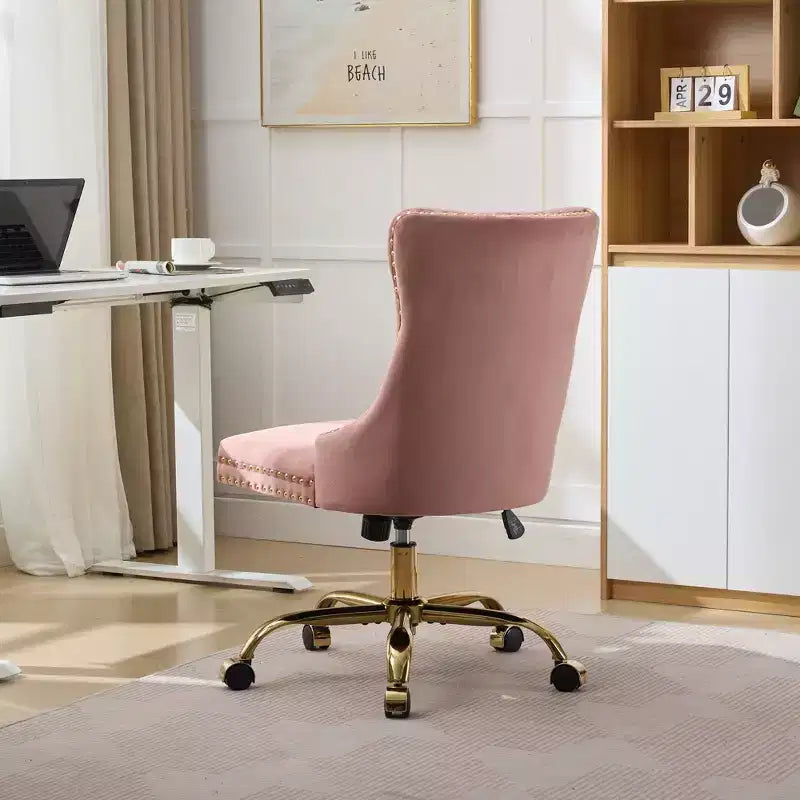 Sedia da ufficio moderna Okak, sedia da scrivania imbottita con base in metallo dorato e bottoni decorativi, sedia comoda regolabile in altezza per ufficio, casa