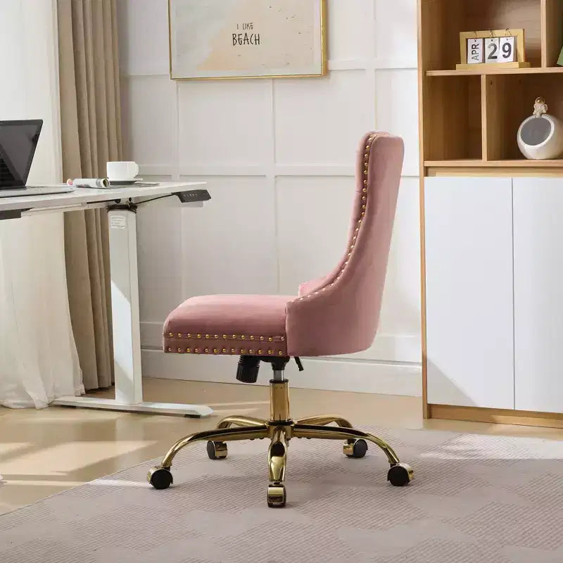 Sedia da ufficio moderna Okak, sedia da scrivania imbottita con base in metallo dorato e bottoni decorativi, sedia comoda regolabile in altezza per ufficio, casa