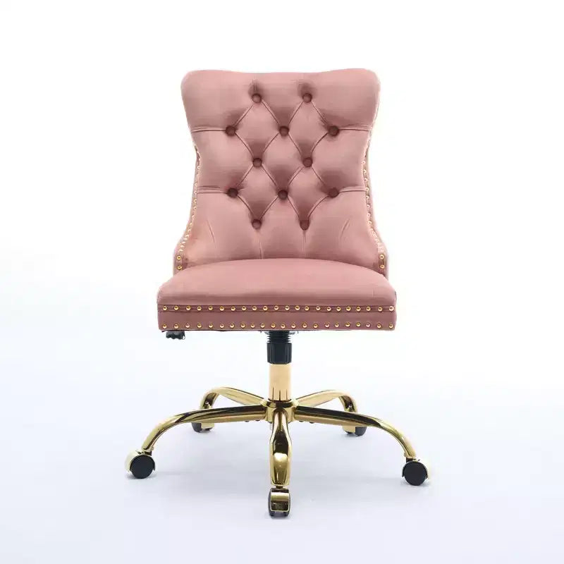 Sedia da ufficio moderna Okak, sedia da scrivania imbottita con base in metallo dorato e bottoni decorativi, sedia comoda regolabile in altezza per ufficio, casa