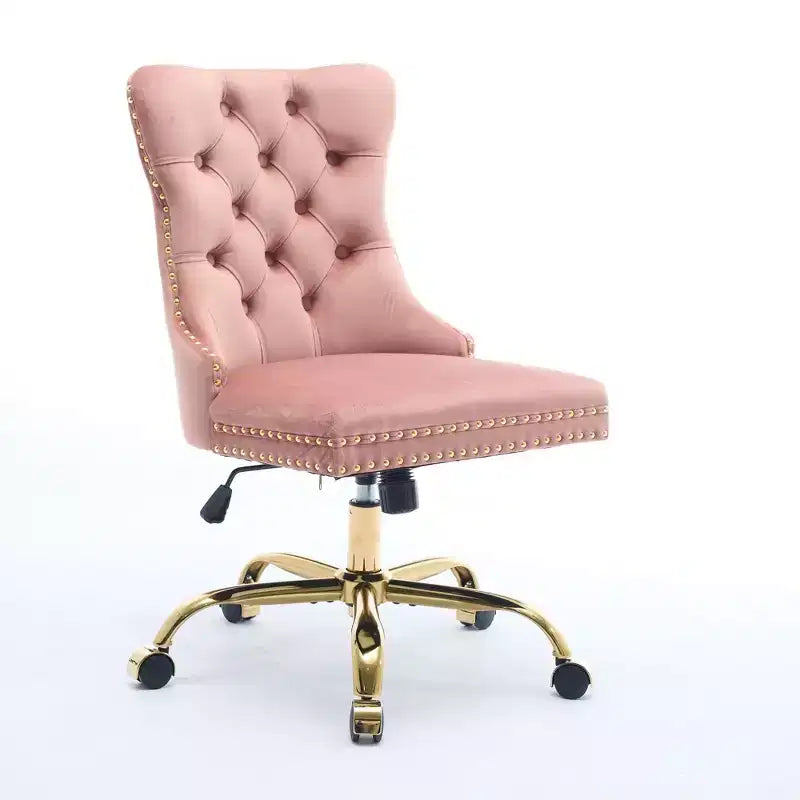 Sedia da ufficio moderna Okak, sedia da scrivania imbottita con base in metallo dorato e bottoni decorativi, sedia comoda regolabile in altezza per ufficio, casa