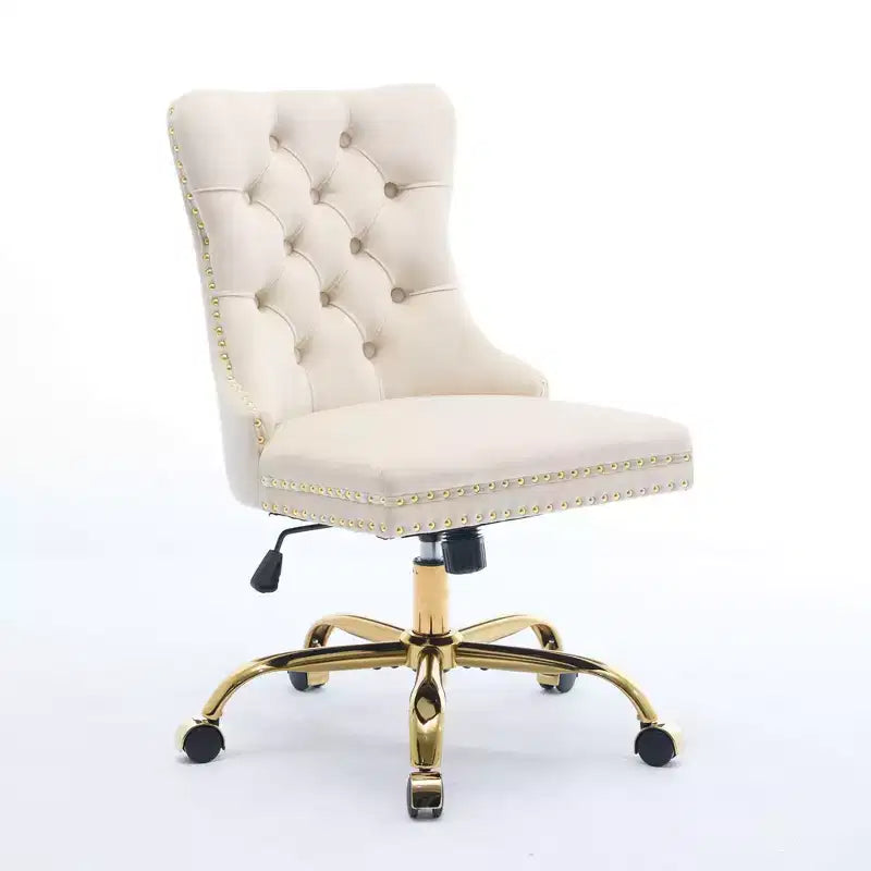 Sedia da ufficio moderna Okak, sedia da scrivania imbottita con base in metallo dorato e bottoni decorativi, sedia comoda regolabile in altezza per ufficio, casa