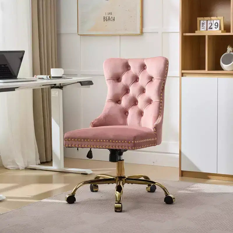 Sedia da ufficio moderna Okak, sedia da scrivania imbottita con base in metallo dorato e bottoni decorativi, sedia comoda regolabile in altezza per ufficio, casa