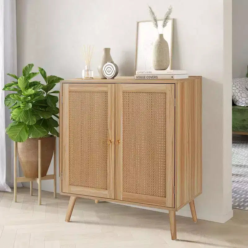Mobile Buffet in Rattan con Contenitore, Credenza da Fattoria con Ripiani Regolabili e Piedini in Legno