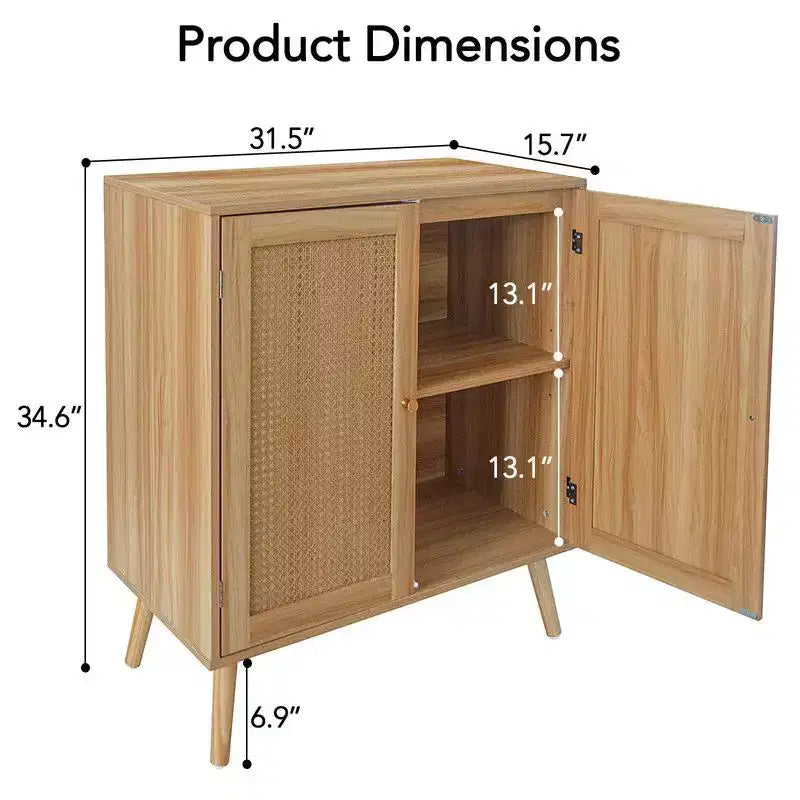 Mobile Buffet in Rattan con Contenitore, Credenza da Fattoria con Ripiani Regolabili e Piedini in Legno